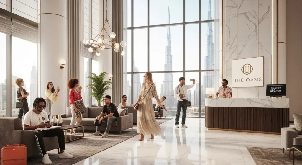 Modern and affordable hotel room in Dubai with city view.