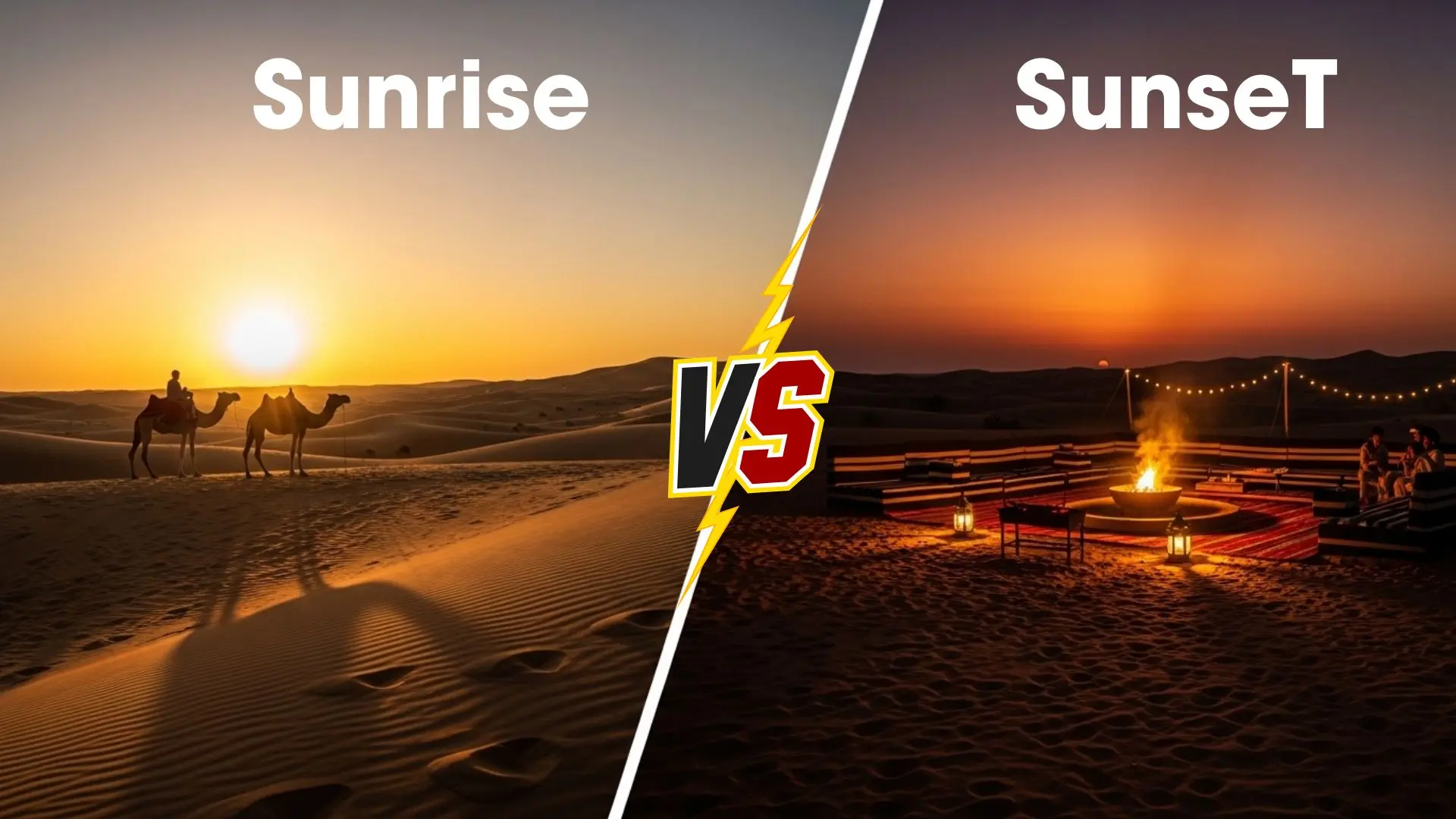 Comparison between Morning desert safari sunrise and Evening desert safari camp.