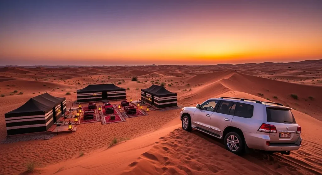 A wide-angle view of a premium Dubai desert safari camp at sunset with 4x4 vehicles on red sand dunes.