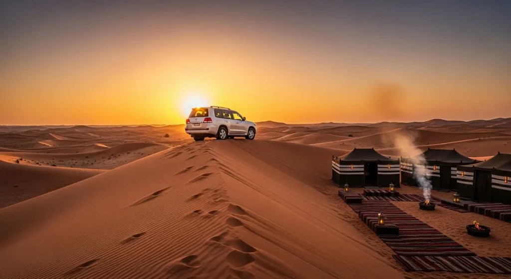 Complete Price Guide for Desert Safari Dubai 2026 featuring a 4x4 SUV on red dunes.