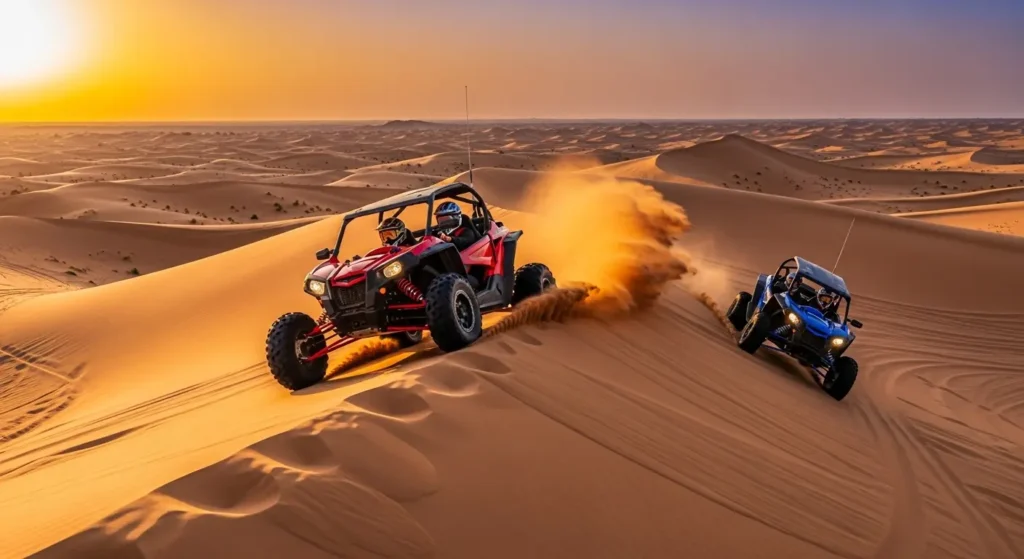 Professional Dune Buggy Rental Dubai Guide 2026 featuring two buggies on golden dunes.