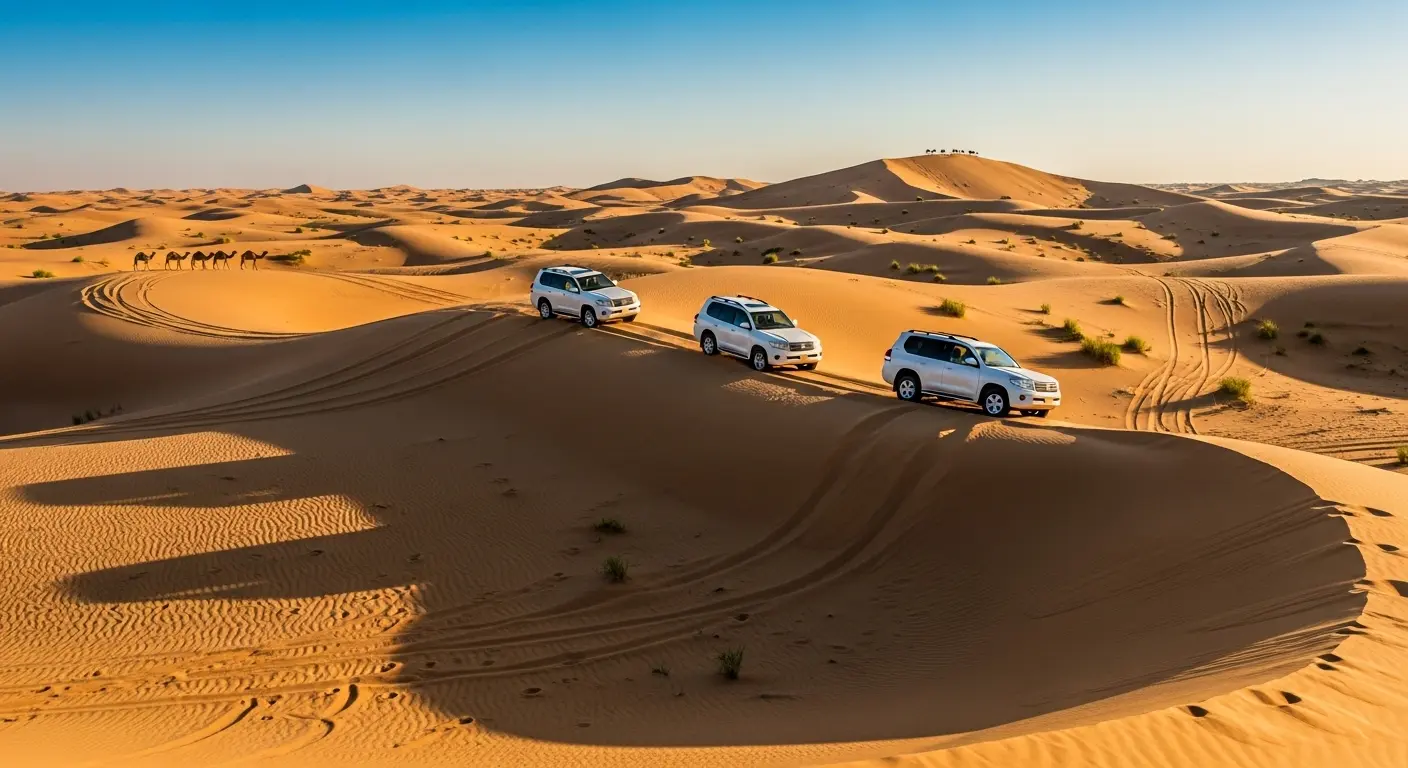 Morning Desert Safari Dubai with 4x4 dune bashing during sunrise.